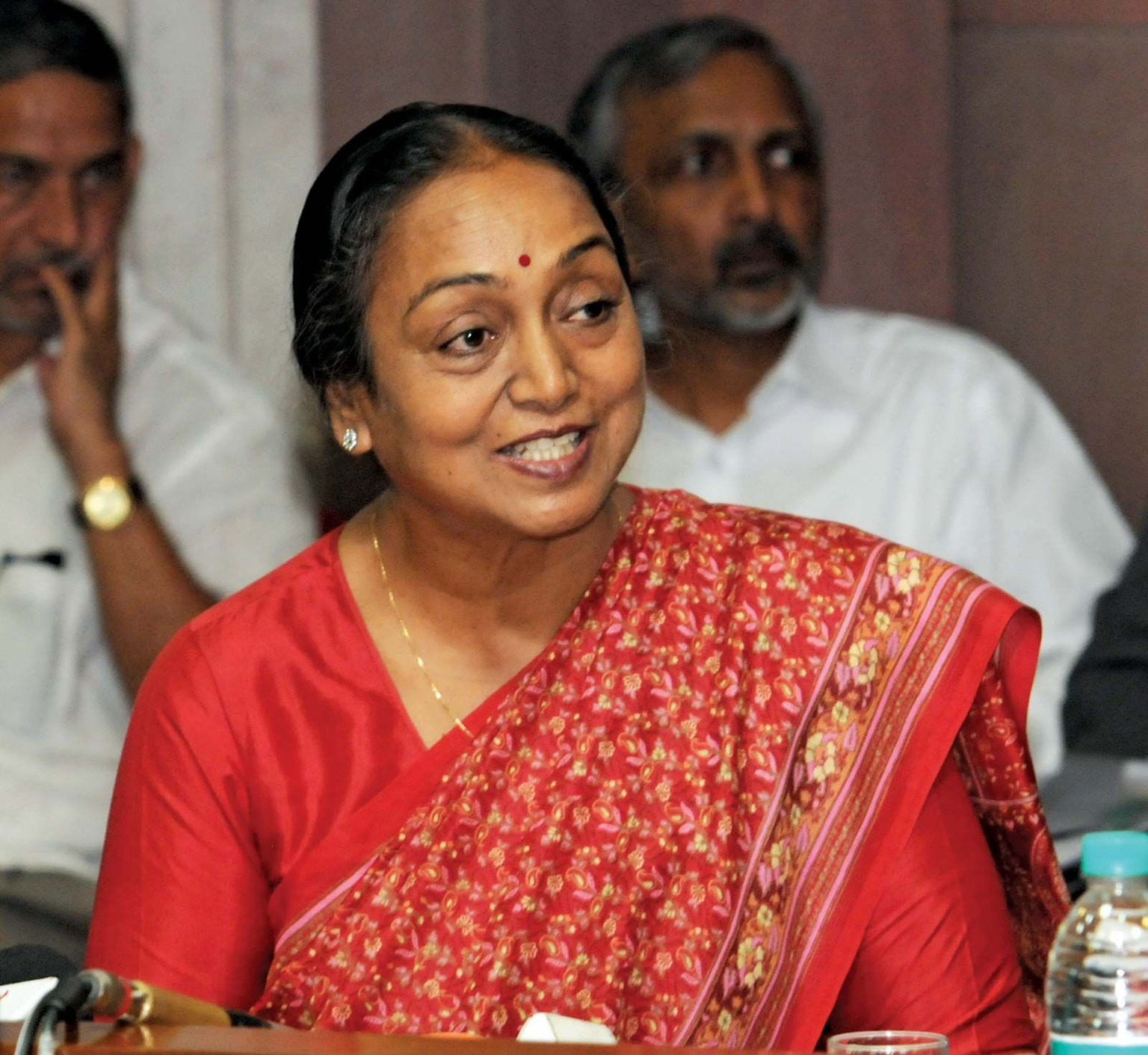 Meira Kumar, daughter of Jagjivan Ram, dressed in a red saree at a public event