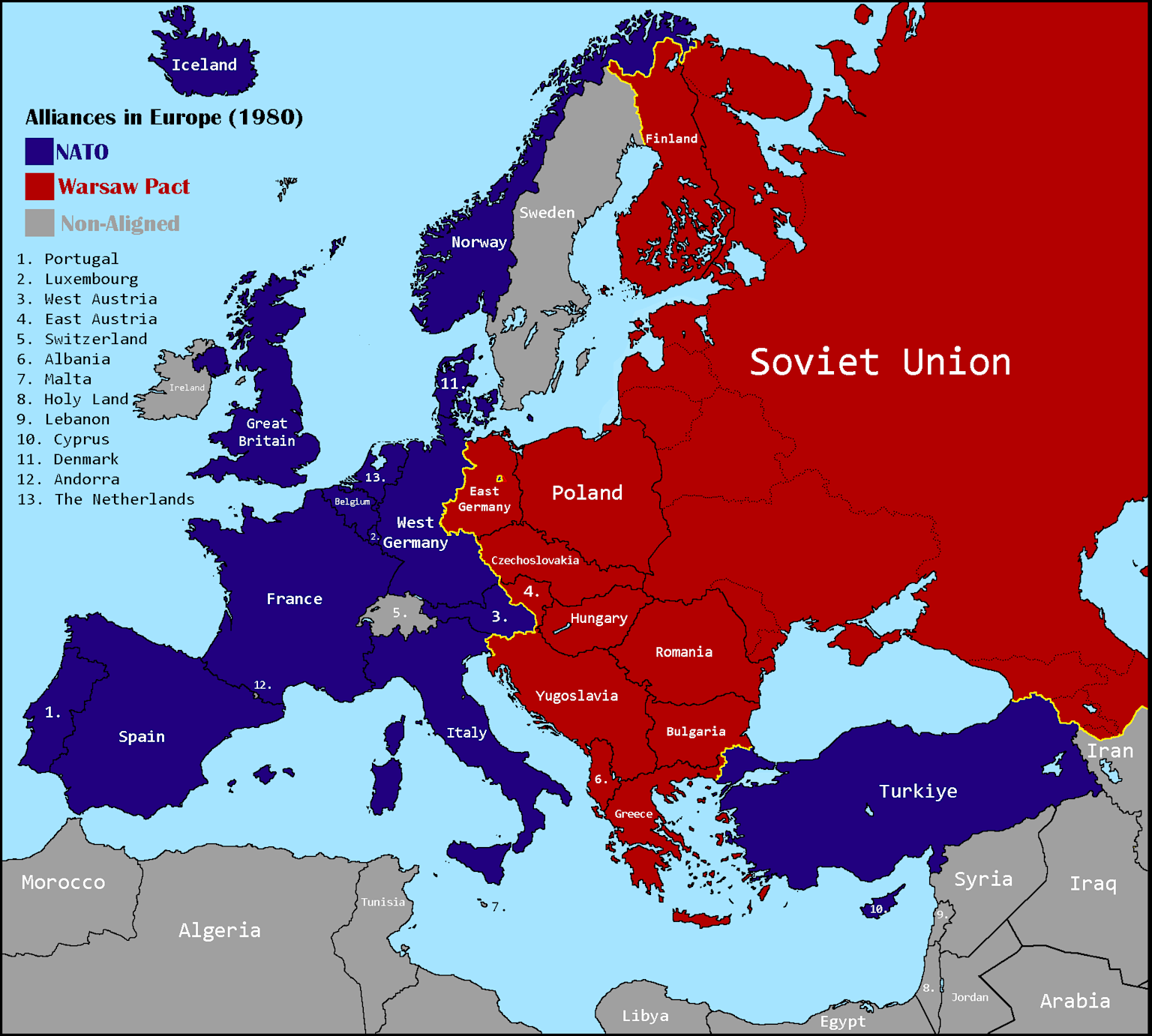 Cold War map of Europe in 1980 showing NATO, Warsaw Pact, and non-aligned countries