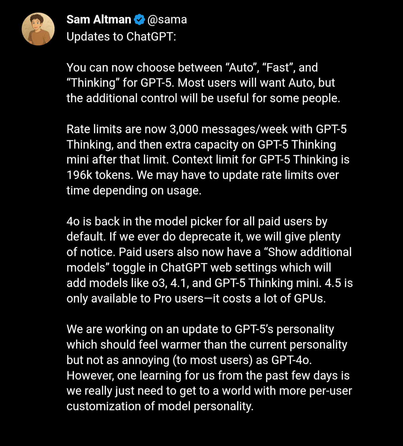 Sam Altman's tweet announcing detailed updates and new modes for ChatGPT GPT-5, including usage limits and model personalization