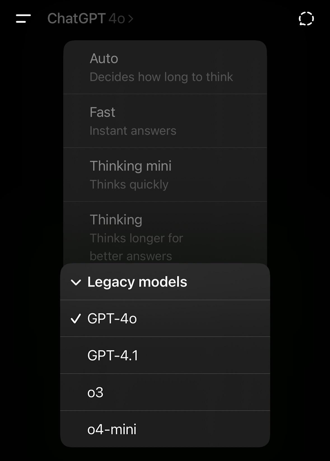 ChatGPT interface showing options for response speed modes and legacy model selection