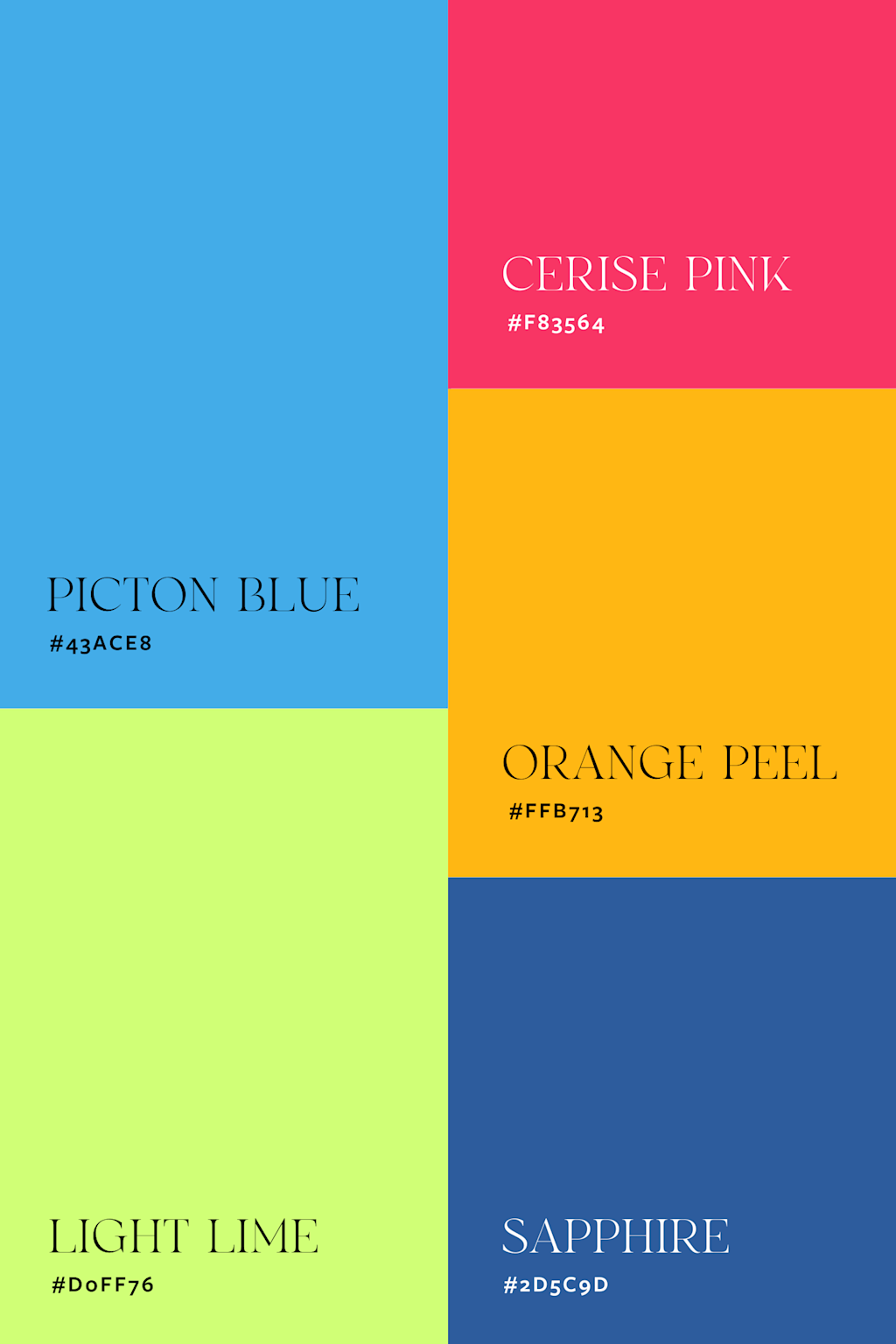 A bold color palette featuring Picton Blue, Cerise Pink, Orange Peel, Light Lime, and Sapphire with their hex codes for 2025 packaging design trends.