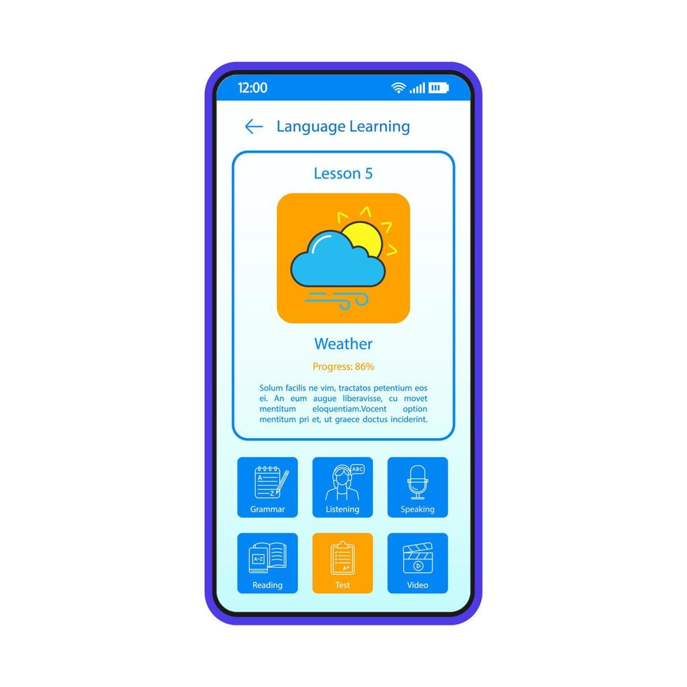 Smartphone app interface for English language learning showing a weather lesson and practice options like speaking, listening, and grammar.
