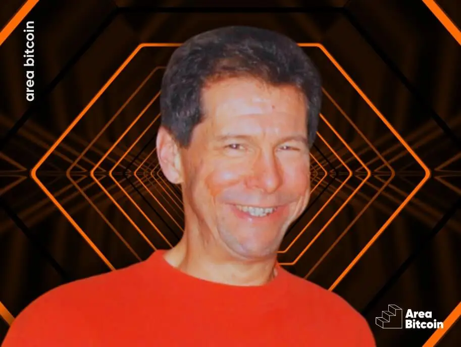 Hal Finney, a key Bitcoin programmer, featured with an Area Bitcoin-themed background.