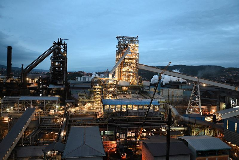 The Erdemir steel plant, a major contributor to Turkey's steel exports, illuminated at dusk
