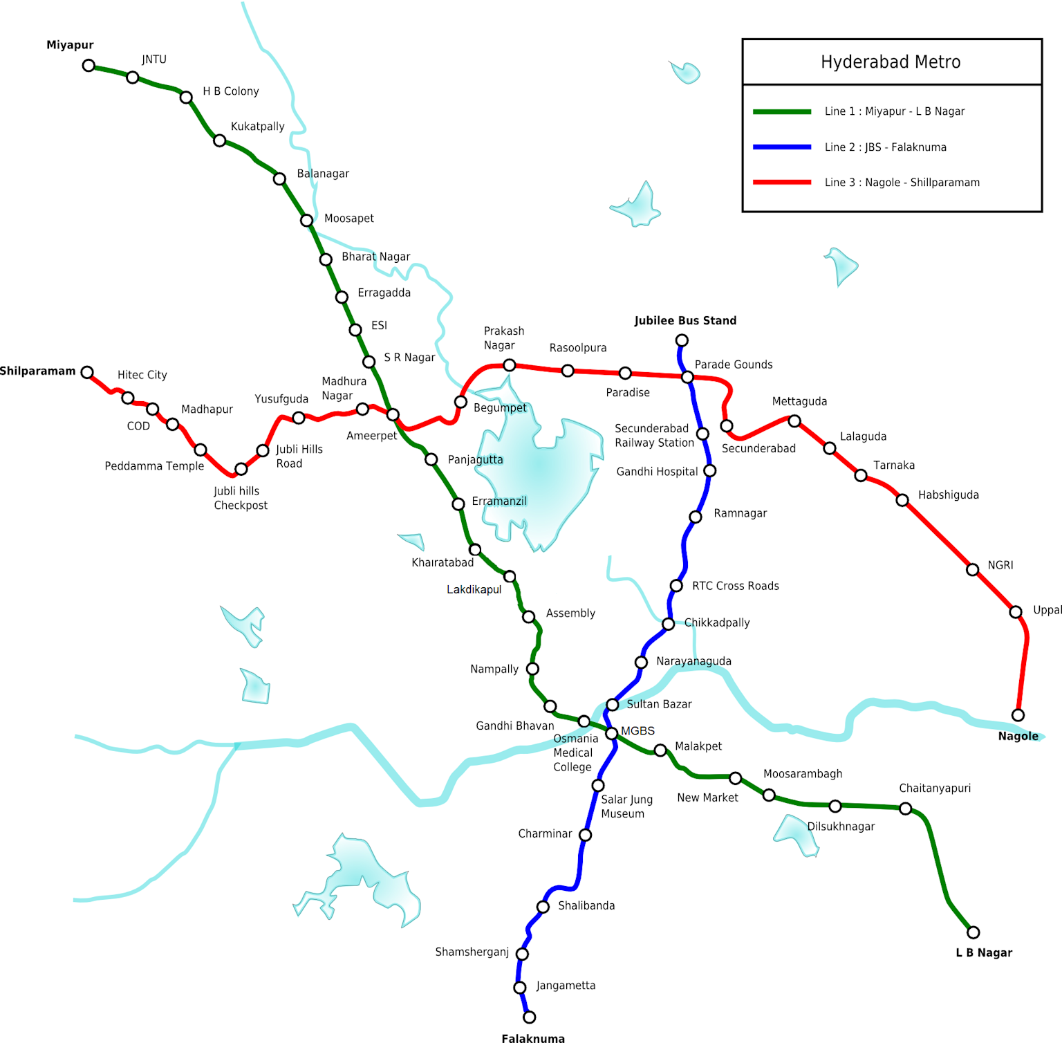 Hyderabad Metro Rail route map showing all three lines with stations and interchange points for easy navigation across the city