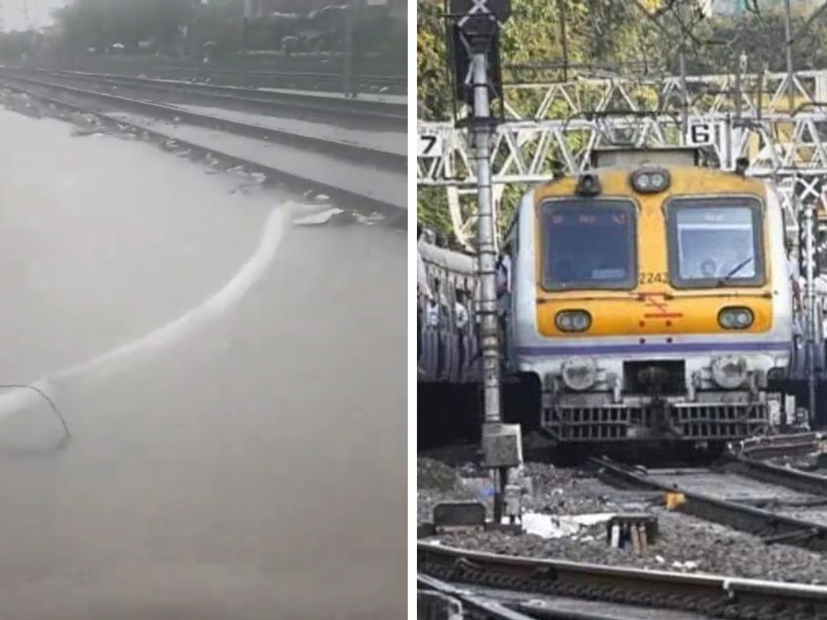 Mumbai local railway tracks flooded due to heavy rainfall alongside a local train, depicting current travel delays and disruptions