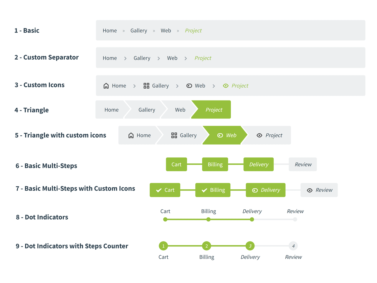 Examples of styled breadcrumb navigation showing various CSS and icon customizations to enhance visual cues and usability