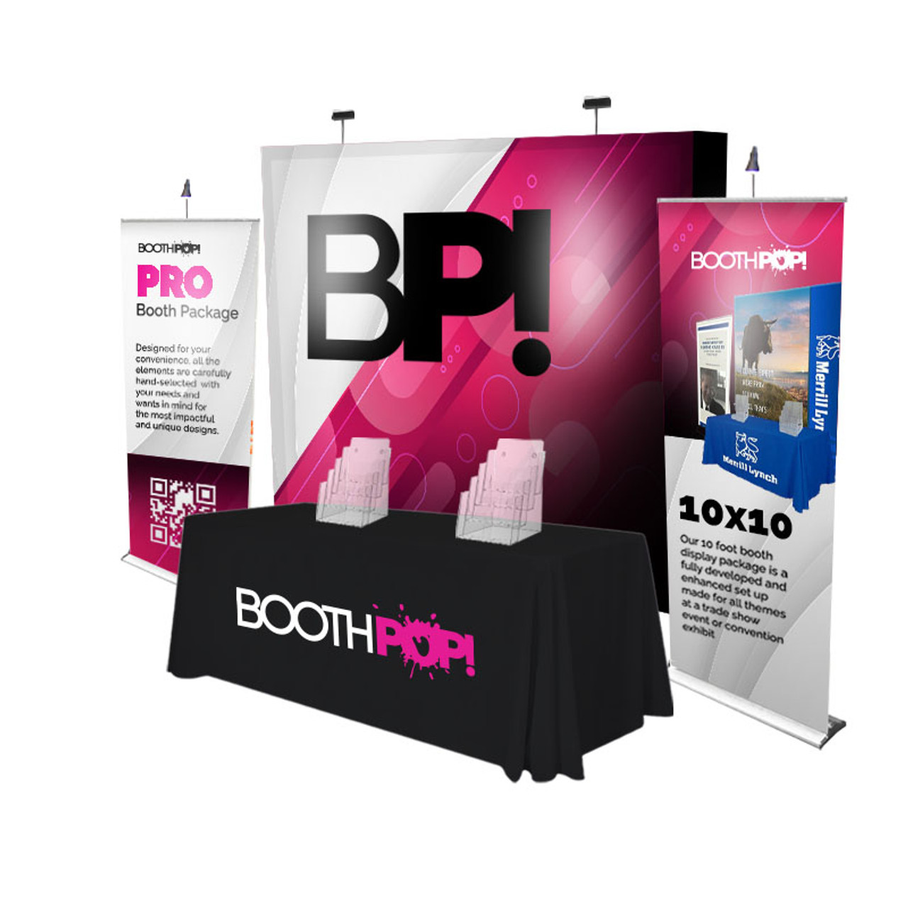 Example of a professional, eye-catching trade show booth setup with large backdrop and roll-up banners.