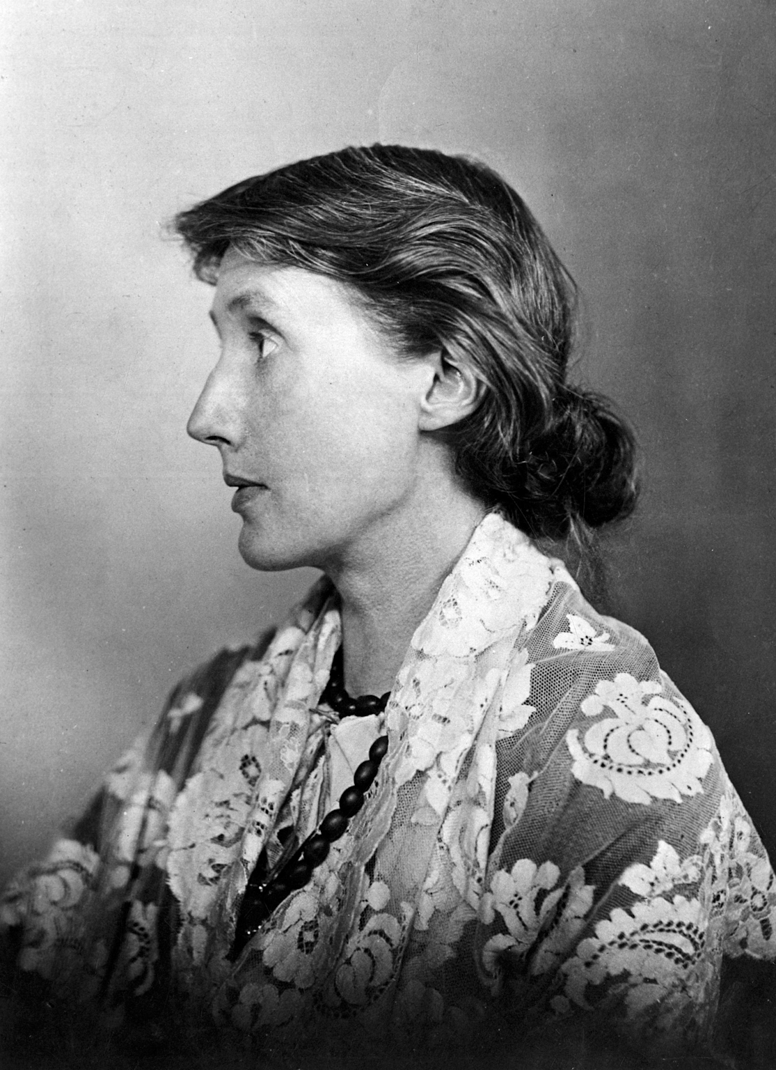 Black-and-white profile portrait of Virginia Woolf, a pioneering modernist author known for the stream of consciousness technique