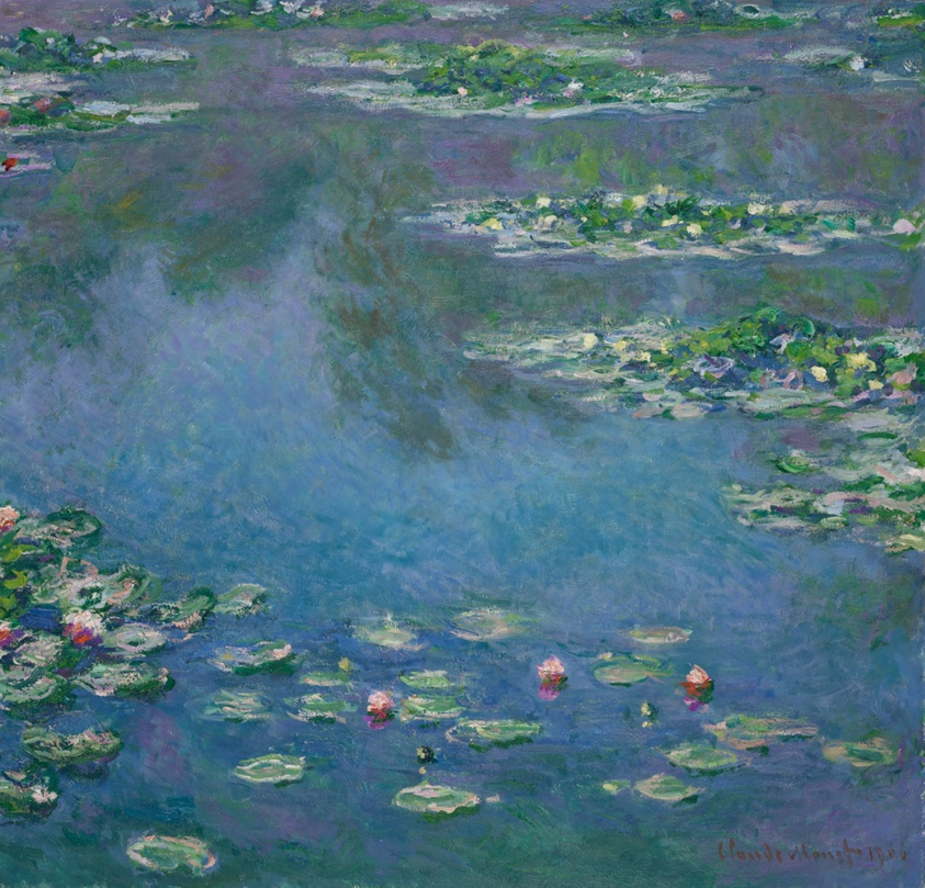 Claude Monet's Water Lilies painting exemplifies nature-inspired art through its impressionistic depiction of a serene pond with lily pads and flowers