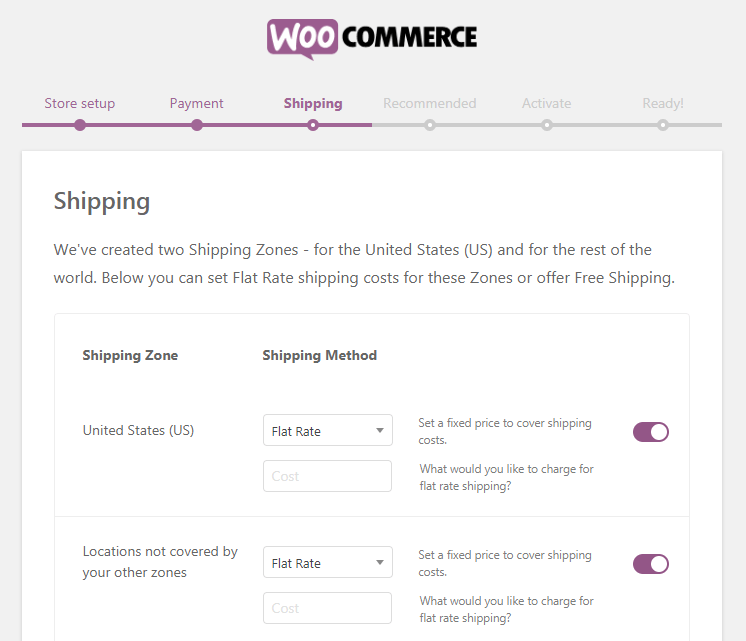 WooCommerce setup wizard shipping settings allowing beginners to configure shipping zones and flat rate shipping costs