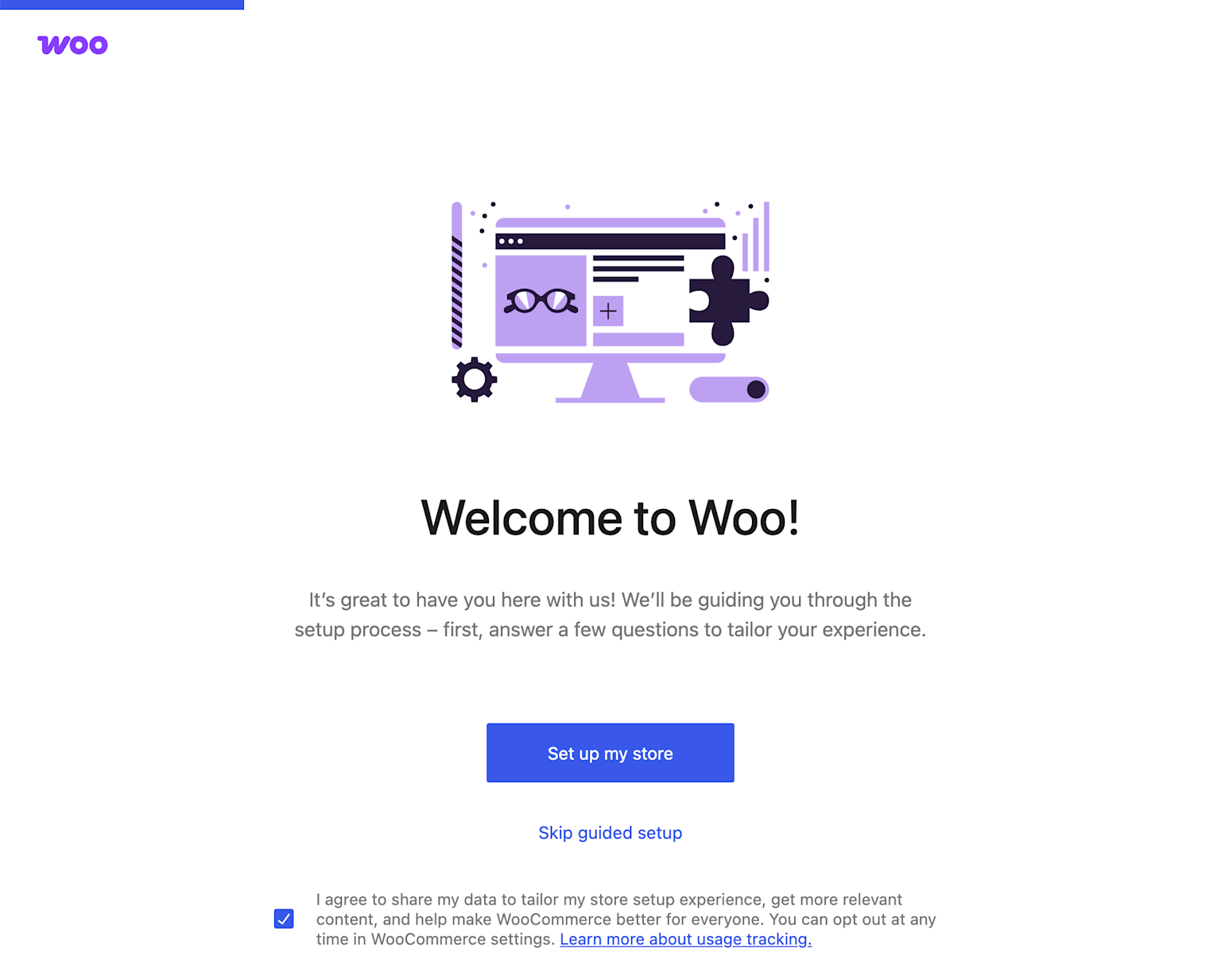 Welcome screen of WooCommerce setup wizard guiding beginners through store setup