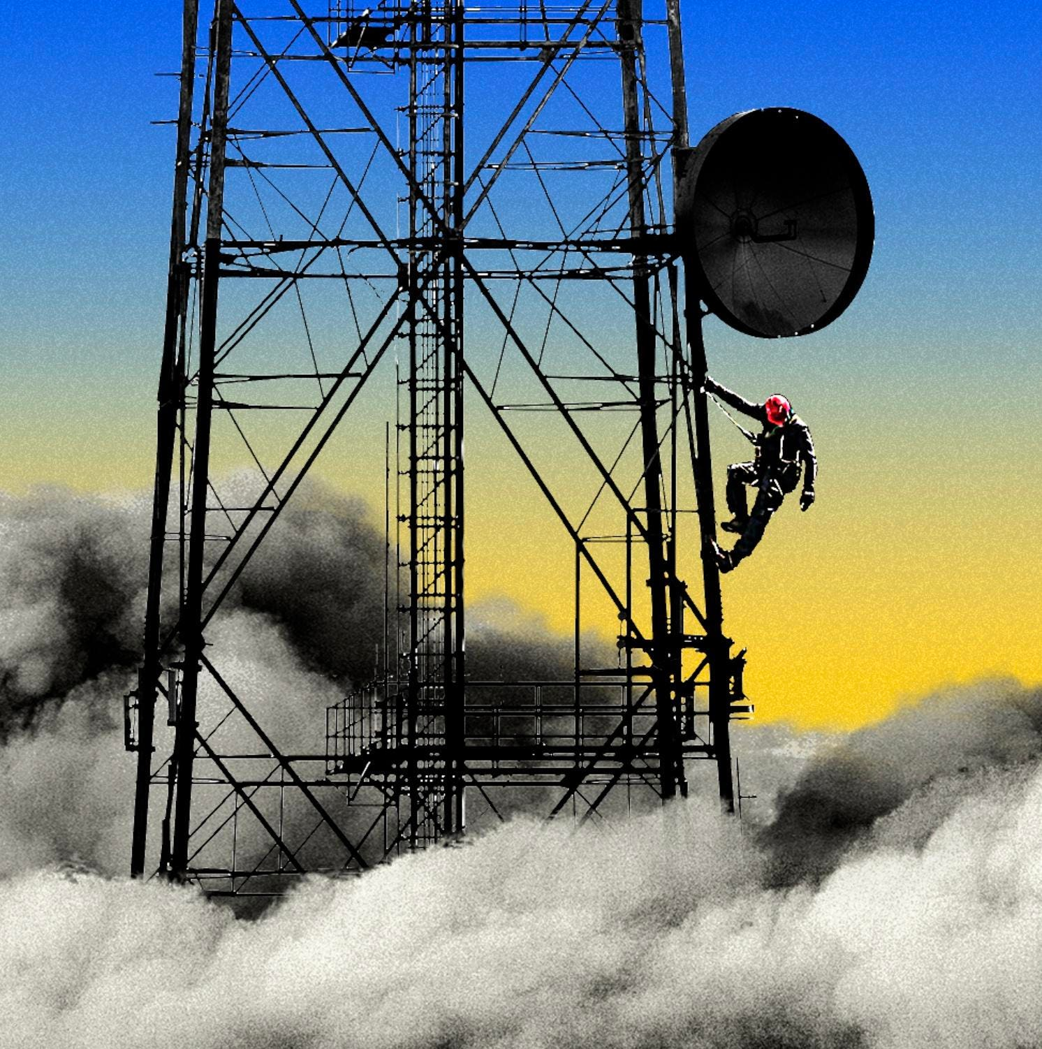 A technician climbing a telecommunications tower in Ukraine, symbolizing efforts to maintain network infrastructure