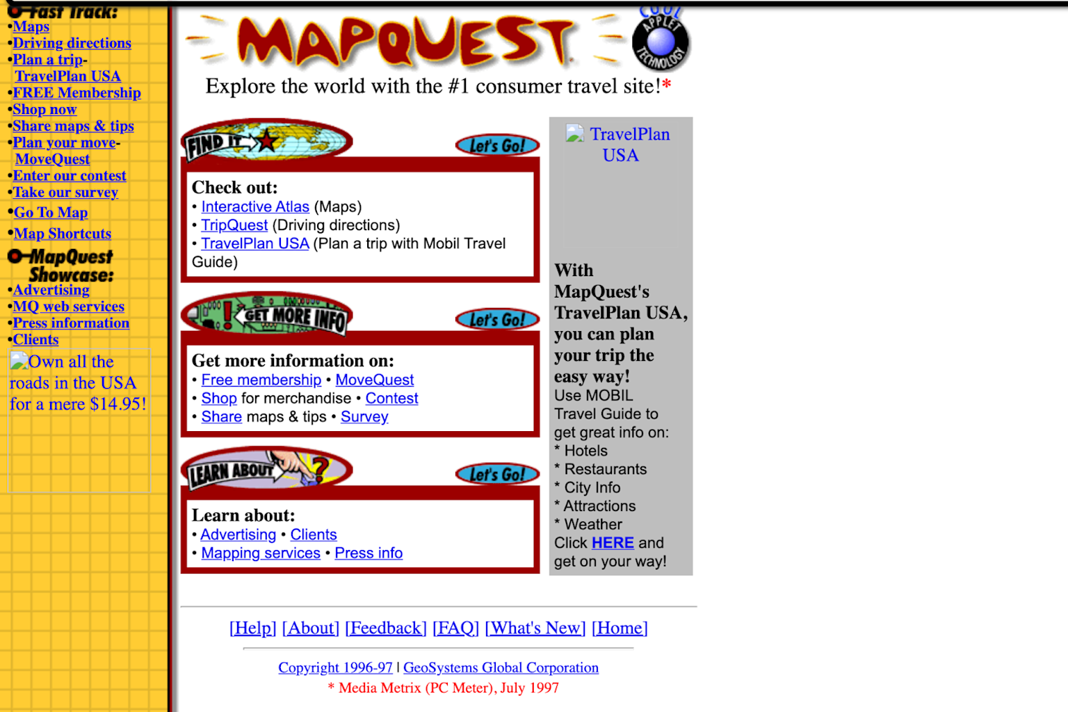 Screenshot of MapQuest's 1990s homepage showing classic early web design with basic HTML layout, multiple links, and simple graphics