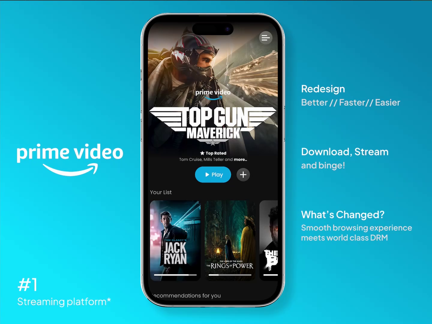 Prime Video mobile app showcasing Top Gun Maverick with a redesigned interface emphasizing smooth browsing and streaming features