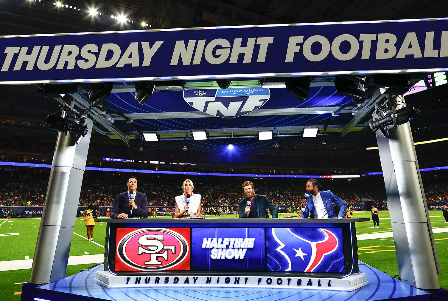 Thursday Night Football halftime show broadcast on Amazon Prime Video featuring NFL teams San Francisco 49ers and Houston Texans
