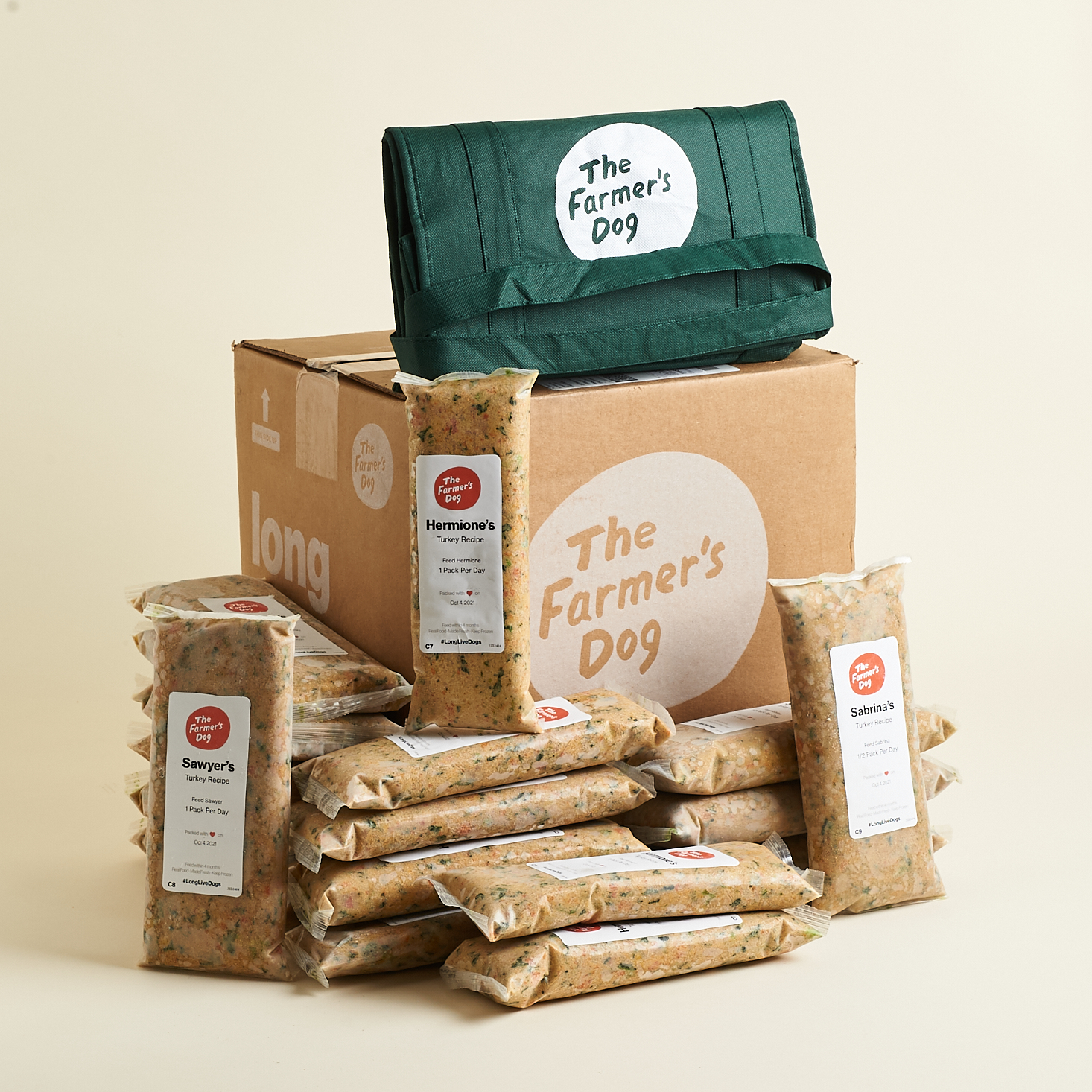 The Farmer's Dog fresh food meals personalized for pets, shown with branded packaging and insulated bag