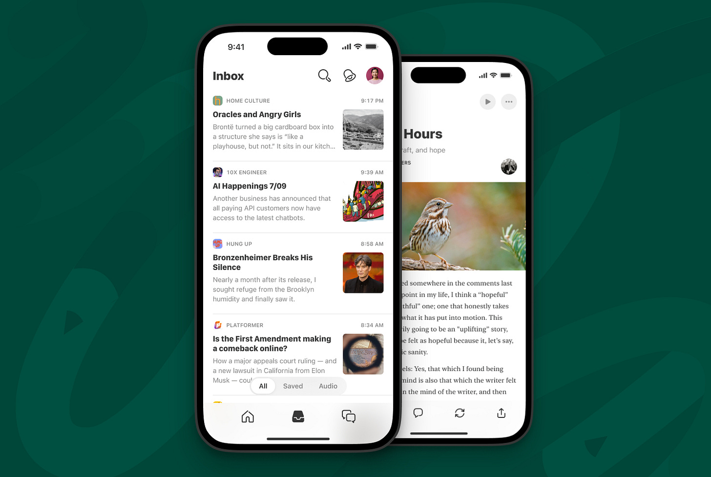 Smartphone interfaces showing a newsletter inbox and article reading view on a Substack-like platform.