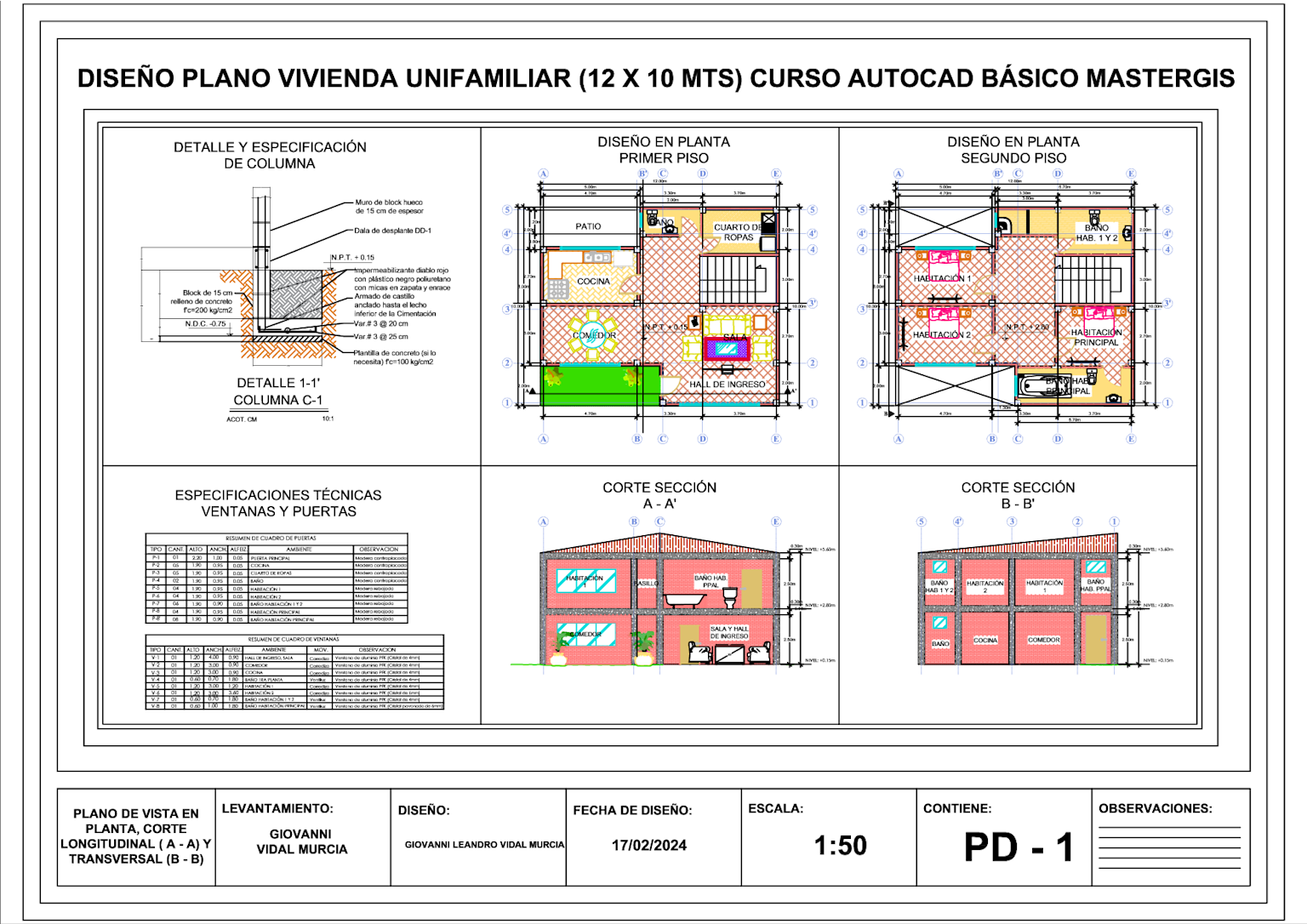 Architectural Floor Plans And Structural Details For A Two-Story Single-Family Home Measuring 12 By 10 Meters