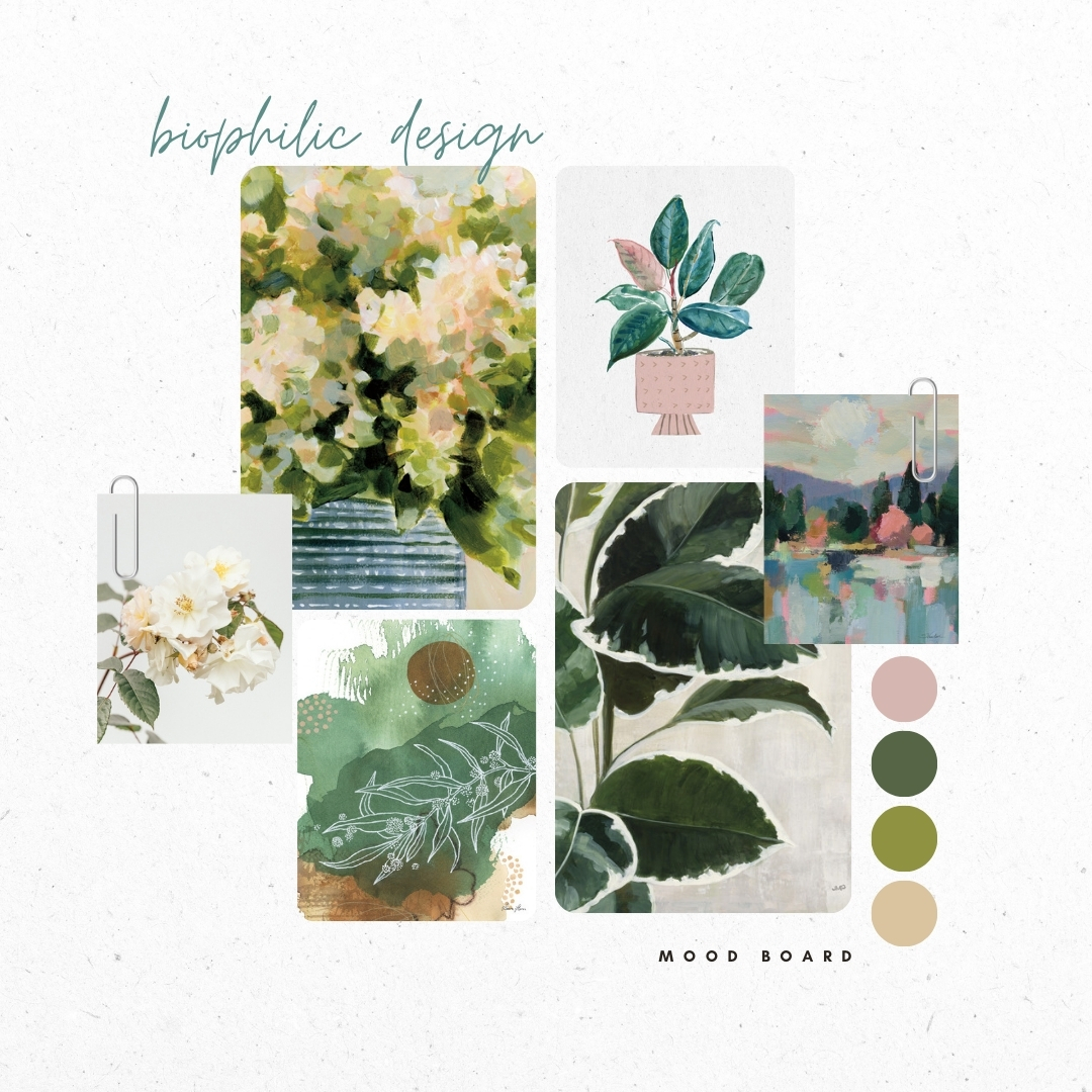 Mood board showcasing nature-inspired biophilic art with plant motifs and a calming natural color palette
