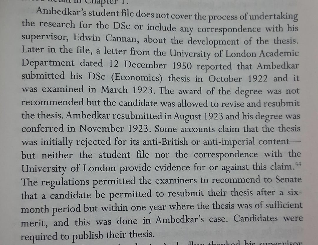 Details of Dr. Ambedkar's doctoral thesis submission and examination timeline at the University of London, including challenges and resubmission process