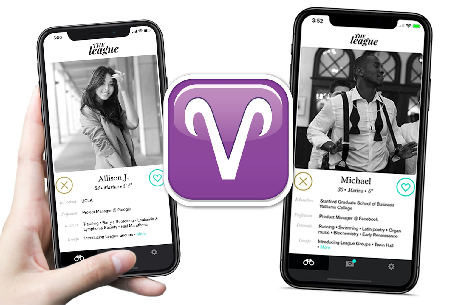 Two dating app profiles from "The League" displayed on phones with a purple Aries zodiac symbol, illustrating the intersection of dating apps and astrology