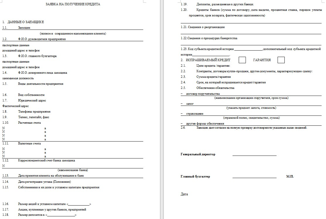 Loan application form in Russian detailing borrower and credit request information with sections for guarantees and signatures
