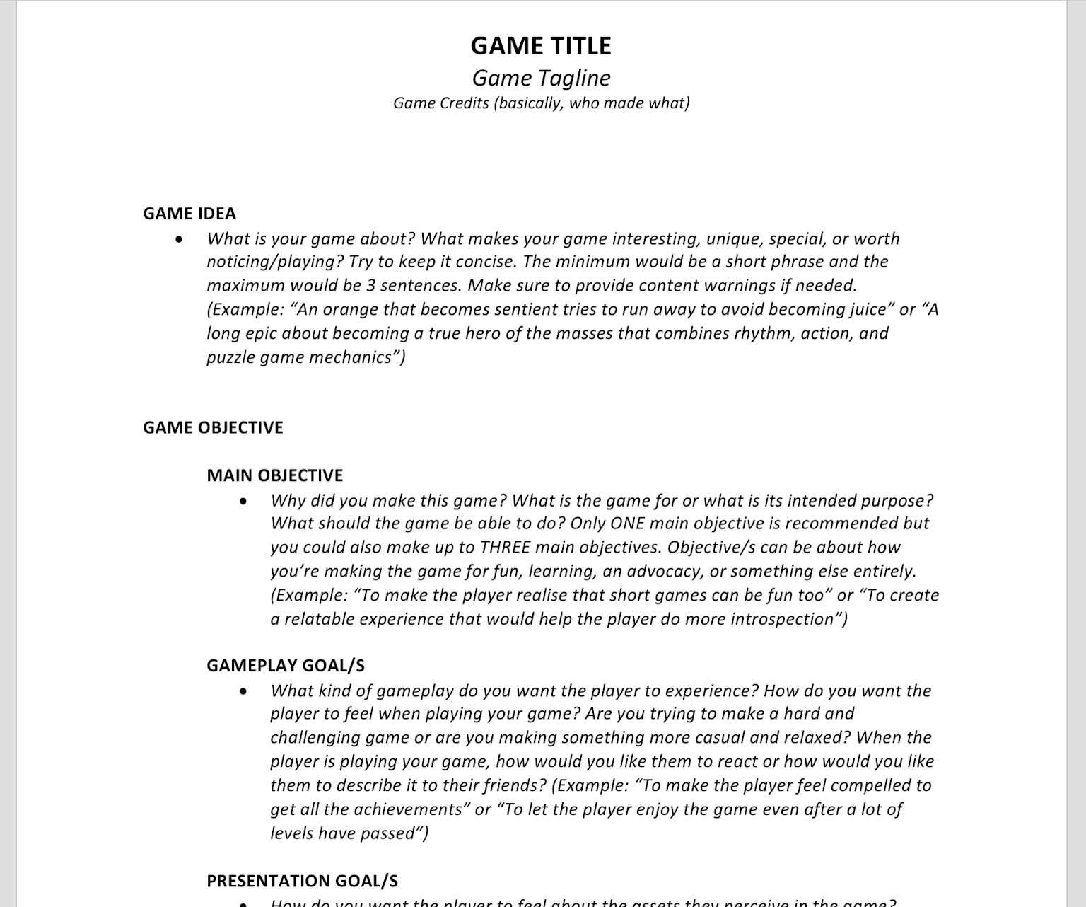 A simple game design document template outlining key sections like game idea, objectives, and gameplay goals to guide video game creation