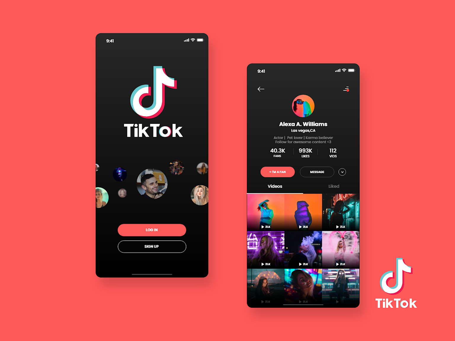 TikTok mobile app interface displaying login screen and a user's profile page with stats and video thumbnails
