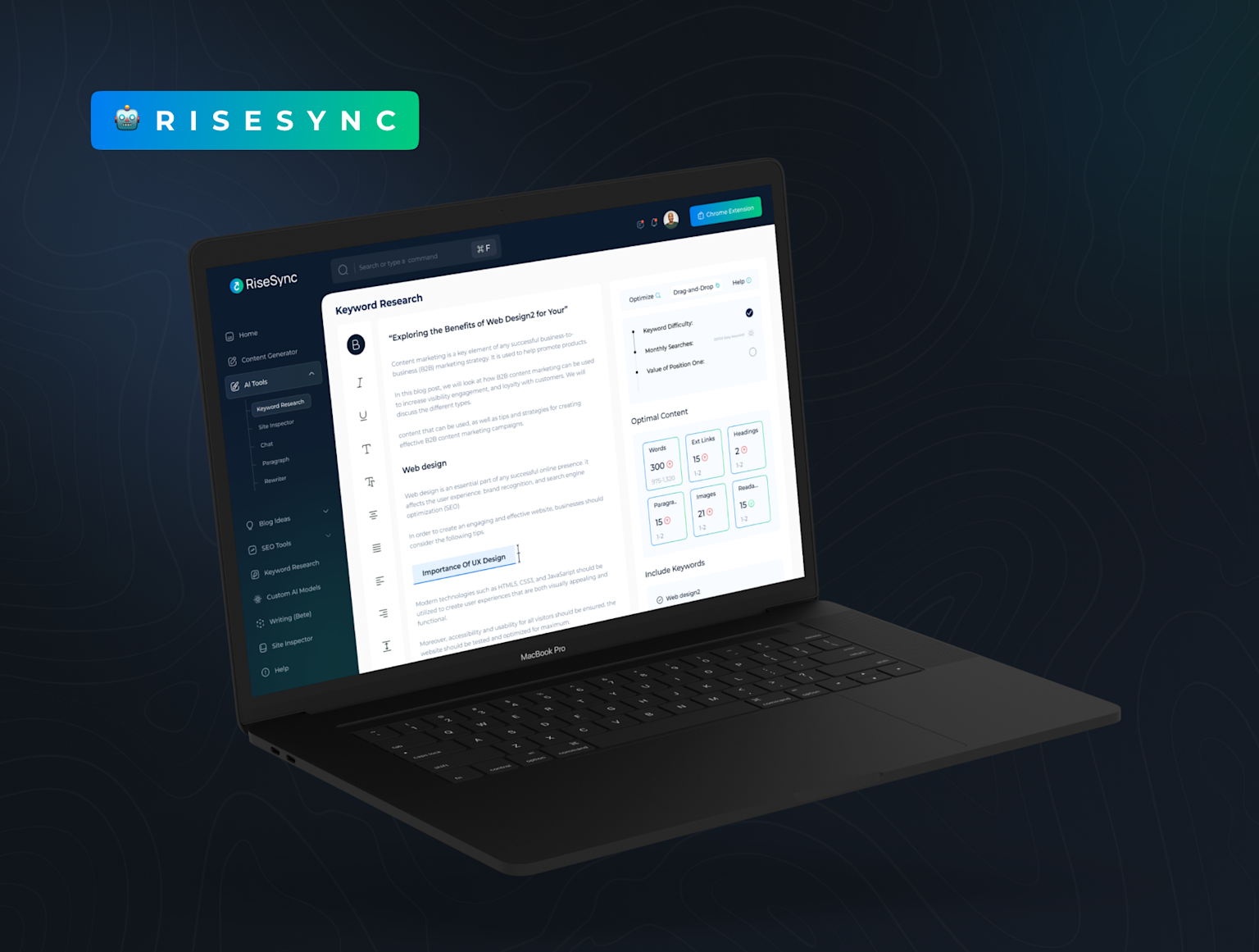 RiseSync AI writing tool dashboard shown on laptop, featuring keyword research and content optimization for SEO