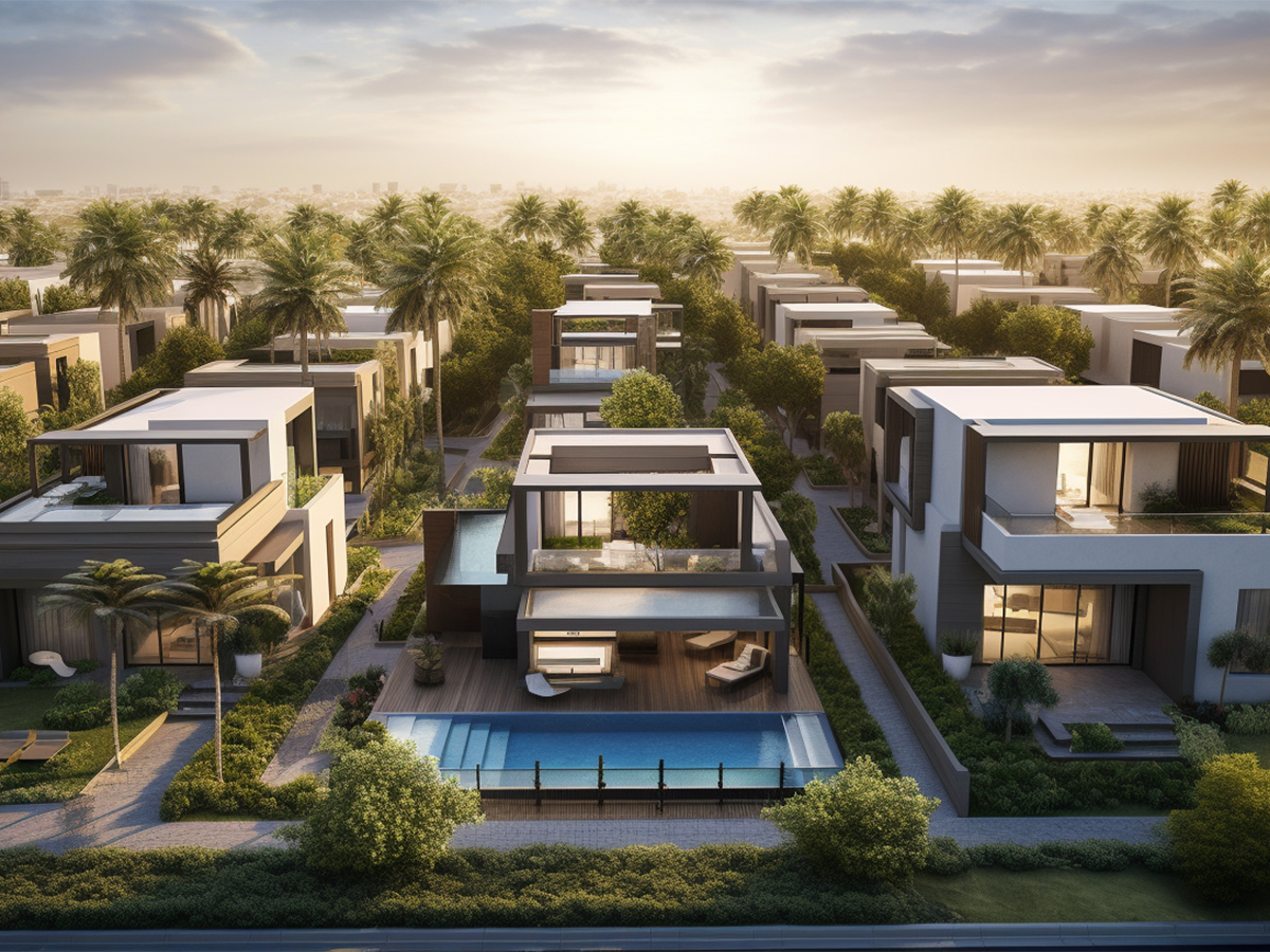 Luxury villa community with pools and elegant architecture