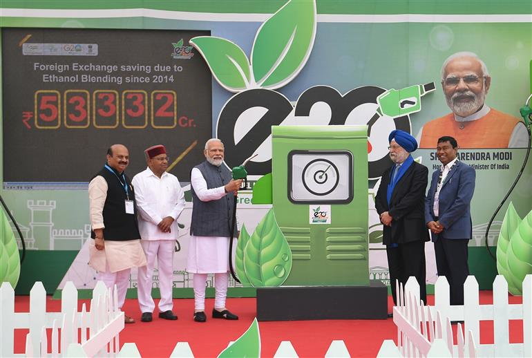 Officials launch and promote E20 ethanol blended petrol in India, highlighting significant foreign exchange savings and government support