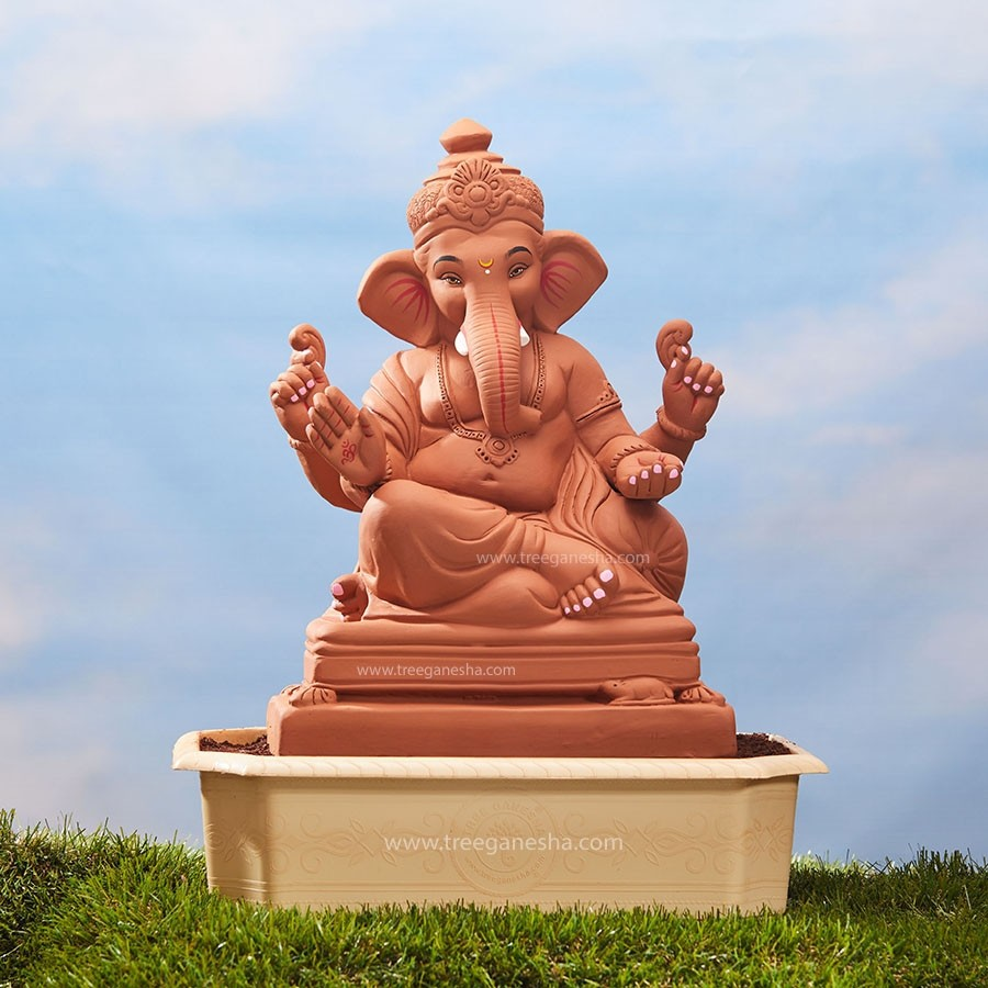 Eco-friendly clay Ganesh idol known as Tree Ganesha ready for Ganesh Chaturthi celebrations with potential for planting after immersion