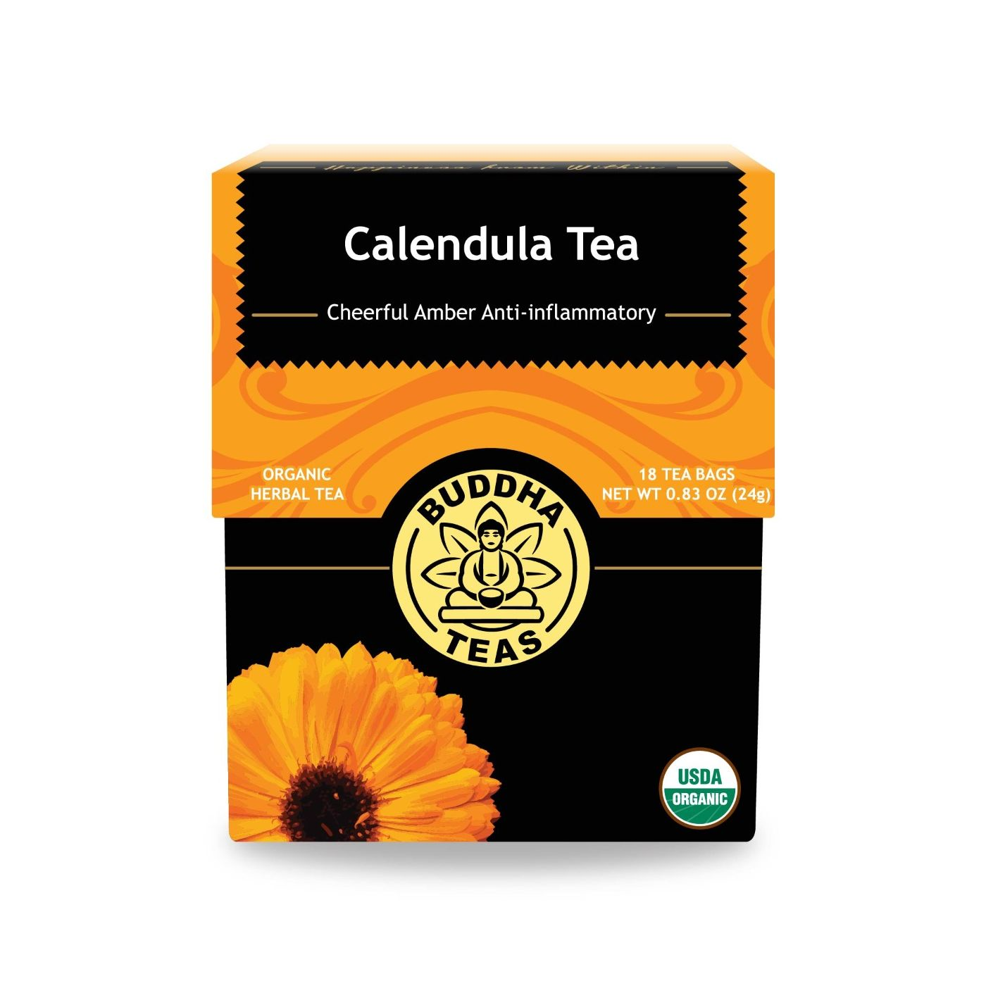 A box of organic calendula tea by Buddha Teas highlighting its anti-inflammatory benefits