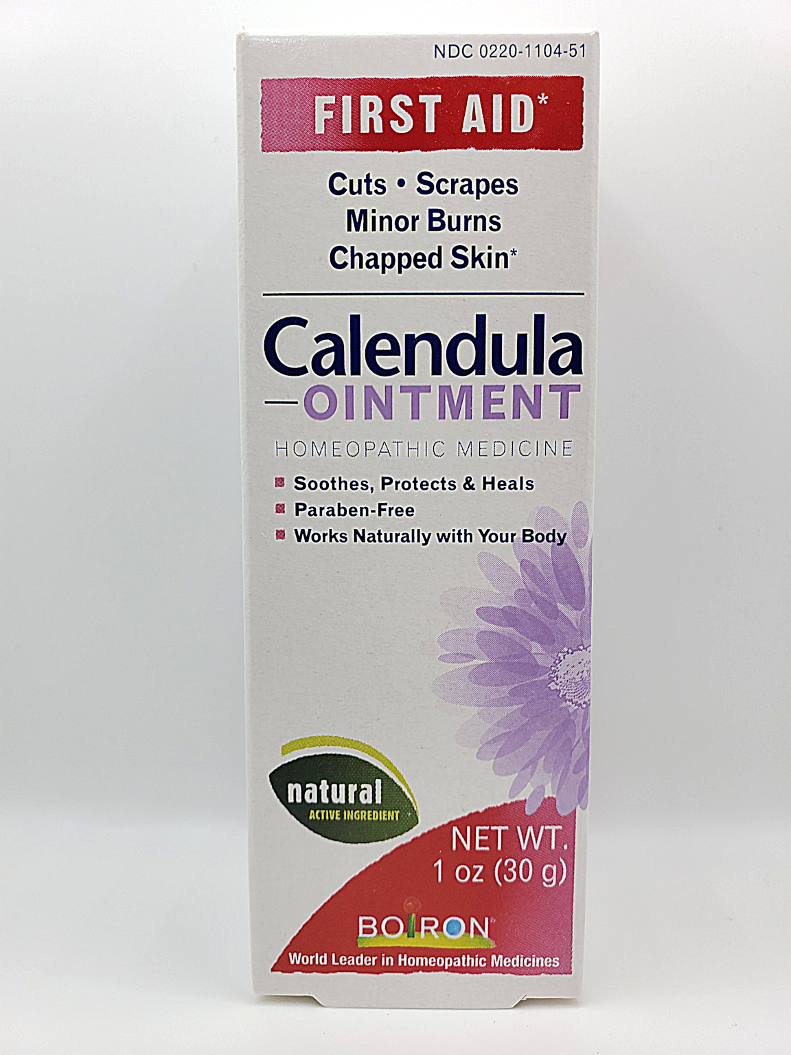 Box of Calendula ointment, a homeopathic first aid treatment for skin issues like cuts and burns, showcasing natural active ingredients