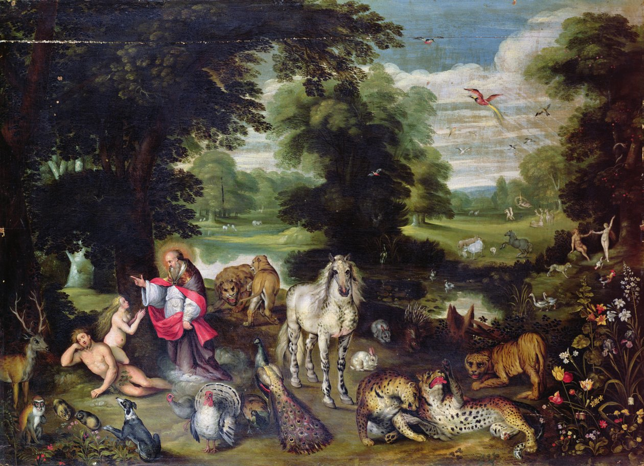 Adam and Eve with God in the Garden of Eden surrounded by animals representing the biblical story of the Fall.