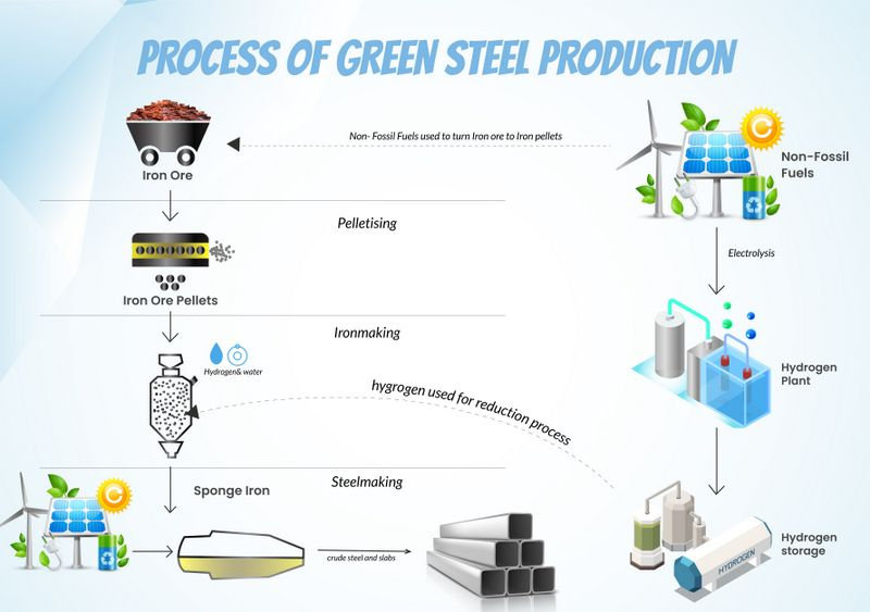 The process of green steel production using hydrogen and renewable energy instead of fossil fuels