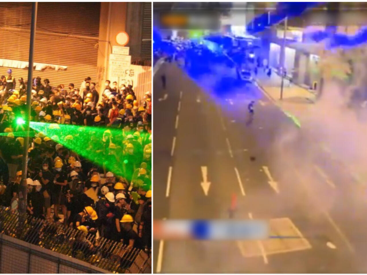 Hong Kong protesters using green and blue lasers to disrupt police surveillance and control measures during night protests.