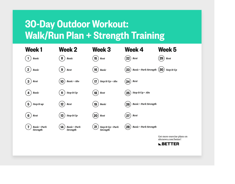 30-day outdoor workout plan combining walk/run intervals with strength exercises to enhance fitness.