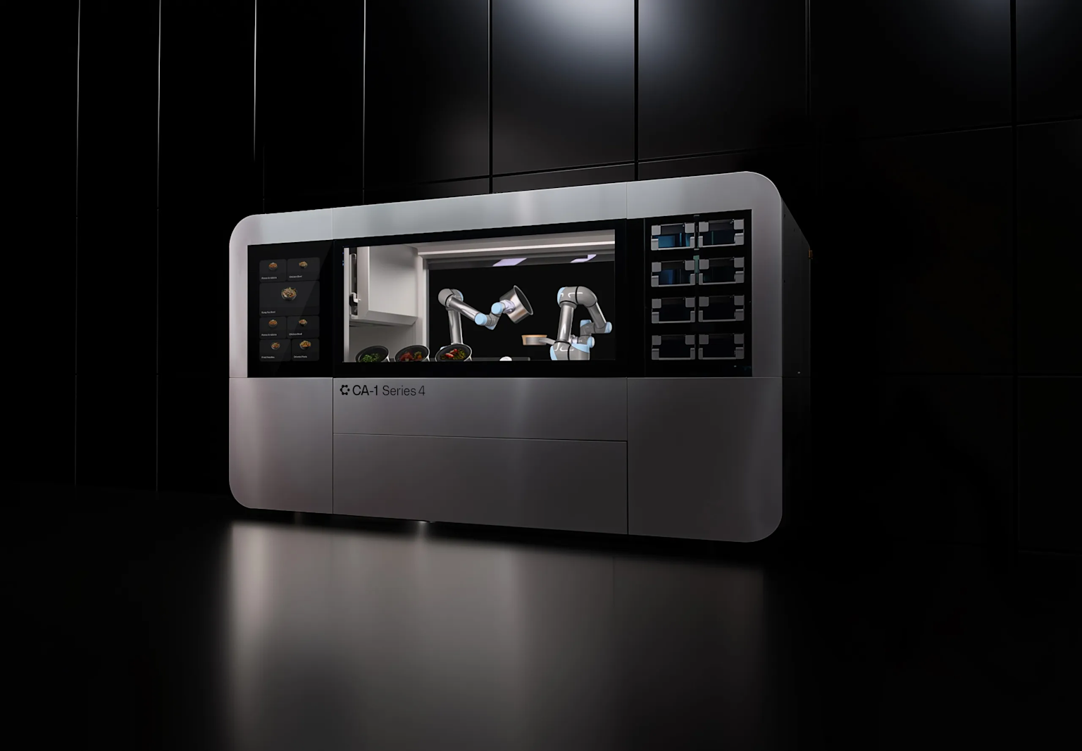 a modern robotic kitchen appliance with robotic arms for food preparation