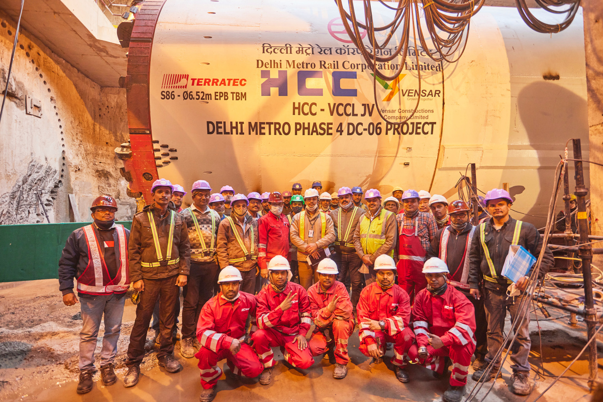 Workers and tunnel boring machine at the Delhi Metro Phase 4 underground construction site