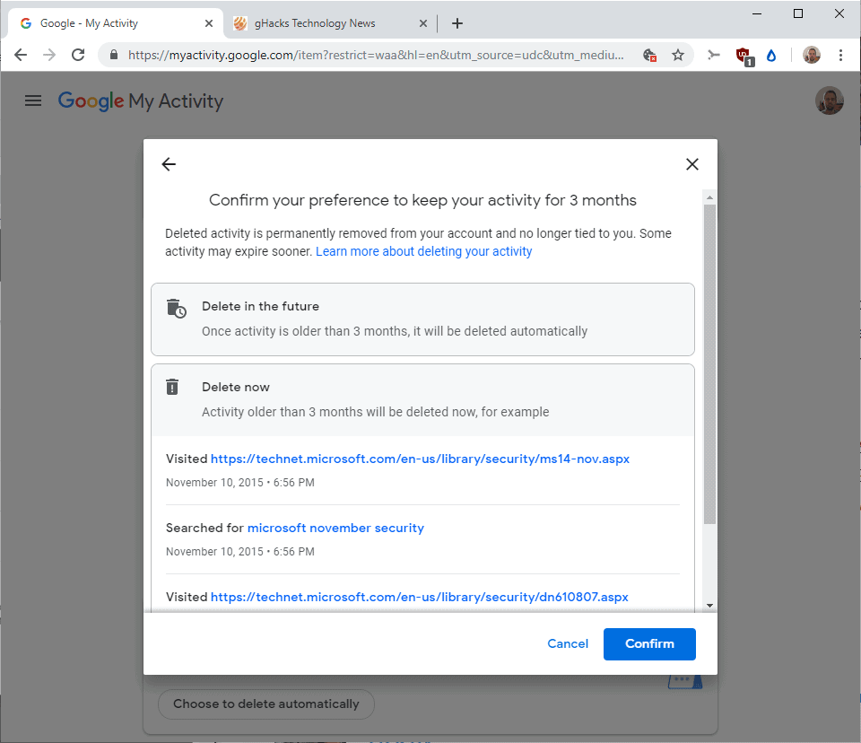 Google My Activity confirmation dialog to delete activity older than 3 months automatically or immediately