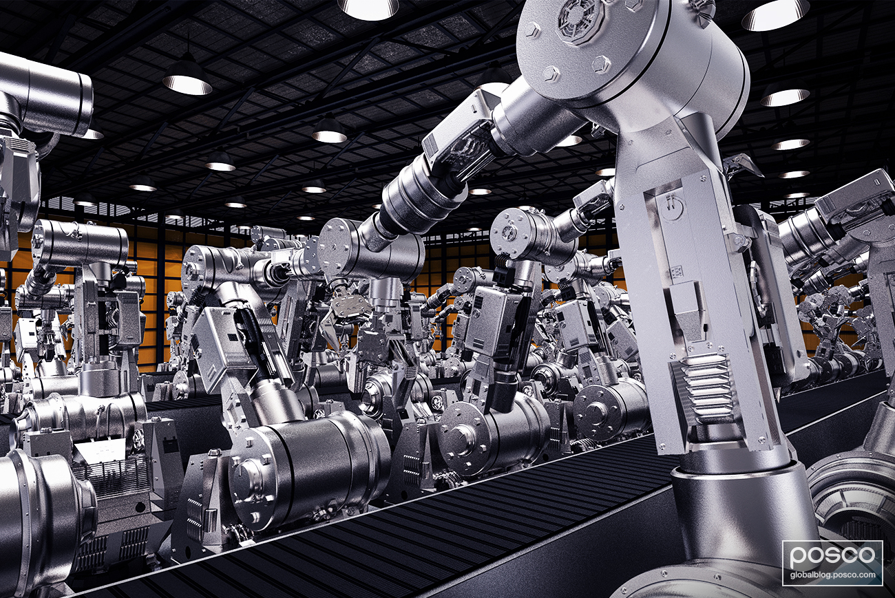 Robotic arms in an automated smart factory illustrate advanced manufacturing automation in the steel industry