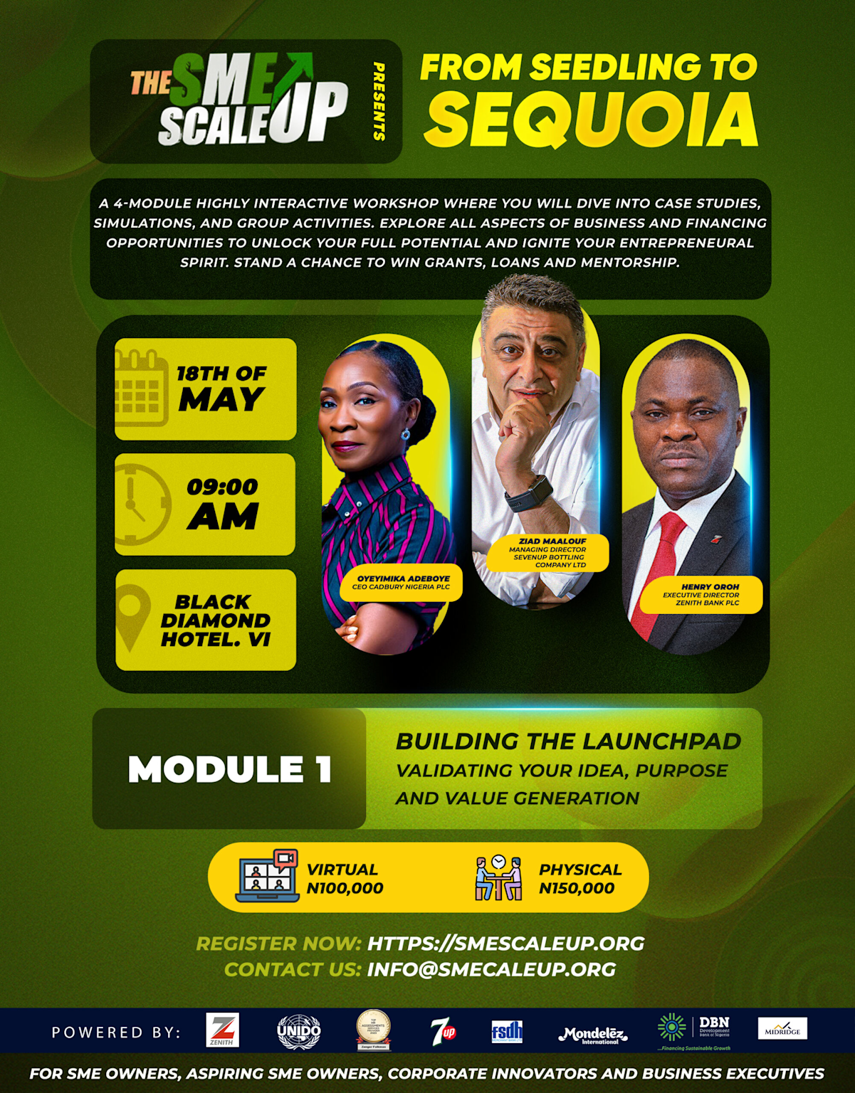 Promotional poster for 'The SME Scale Up' workshop guiding Nigerian entrepreneurs from idea validation to business scaling with expert speakers and interactive modules