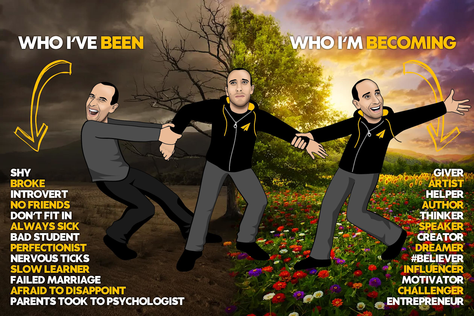 Illustration showing a personal transformation from struggle and self-doubt to empowerment and entrepreneurial success