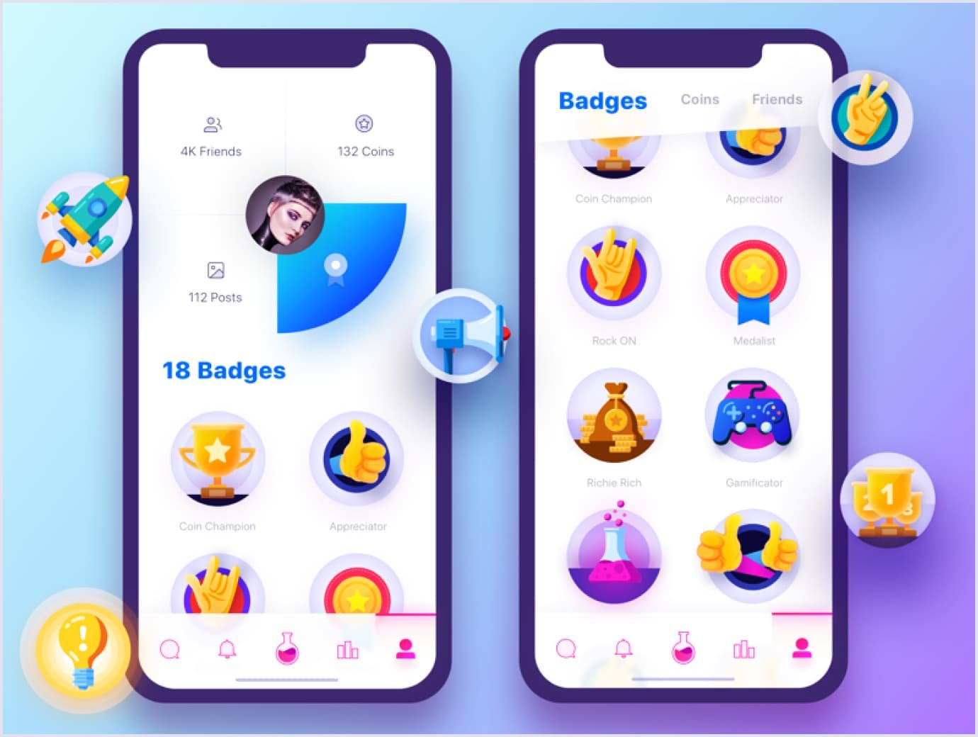Mobile app interface showcasing gamification elements like badges, coins, and user stats to boost engagement in learning or social platforms