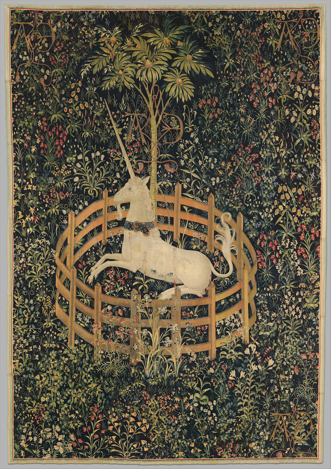 The Unicorn in Captivity tapestry from The Met Cloisters' Unicorn Tapestries series, showcasing medieval art and symbolism