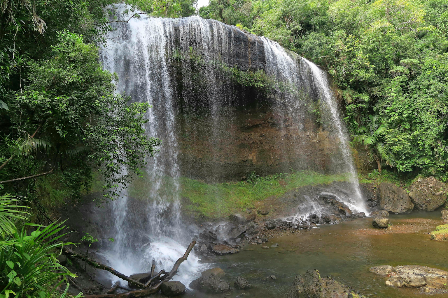 Ngardmau Waterfall in Palau showcasing a tropical jungle cascade and serene pool on Babeldaob Island