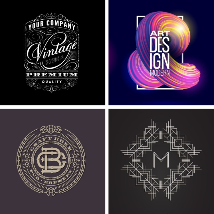 Examples of minimalist and maximalist logo design styles demonstrating varied use of complexity and simplicity.