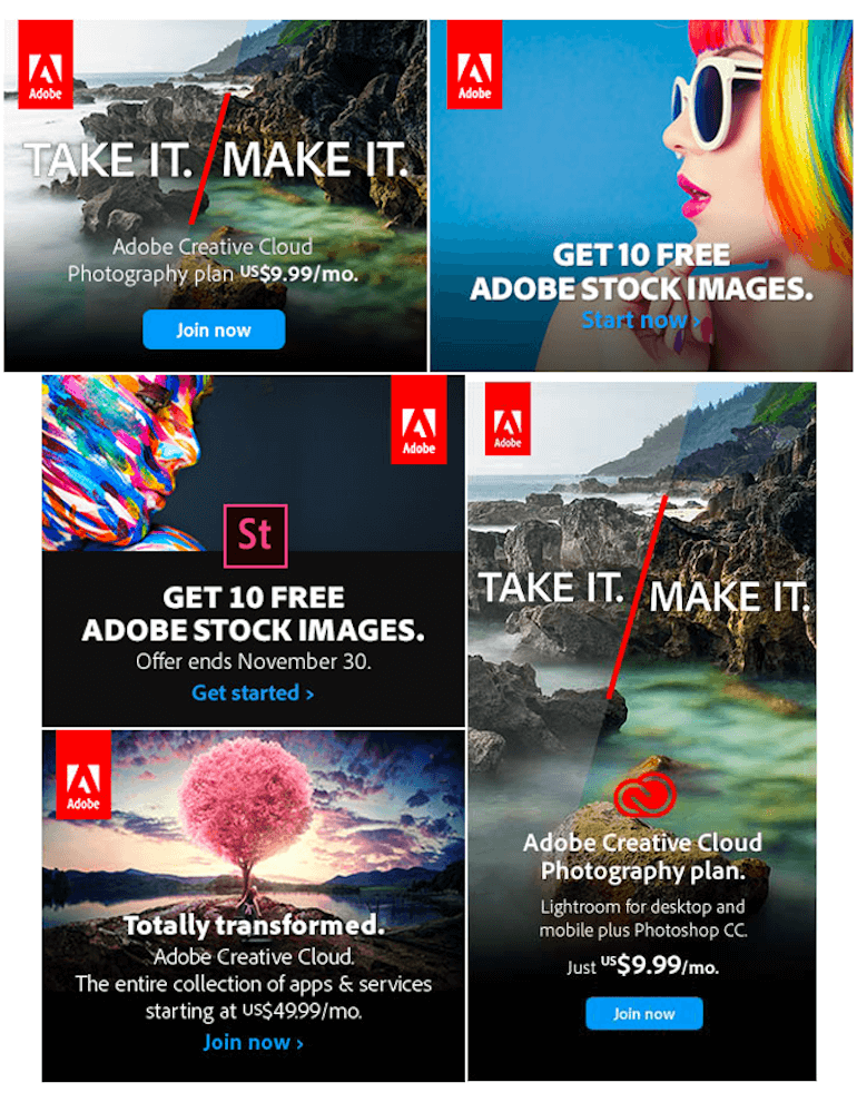 Examples of high-click web banners by Adobe featuring clear calls to action and strong visual elements